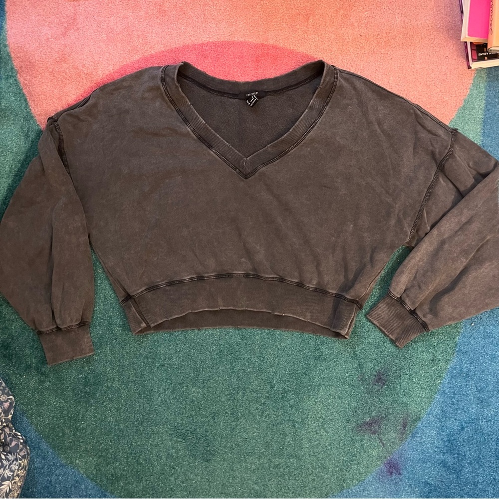 Distressed Slouchy Crop Top Shirt Faded Grunge Skater Long Sleeve Oversized M